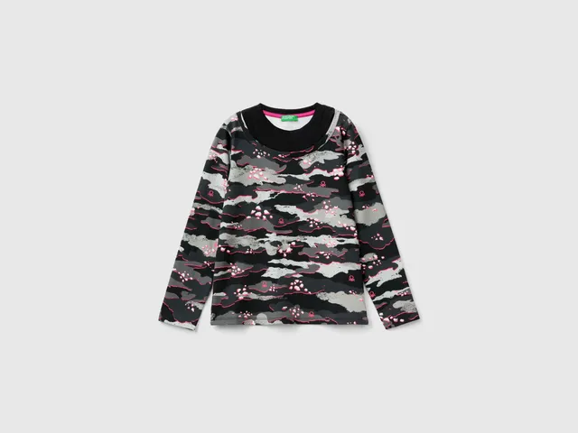 Benetton Camouflage Maglietta Manica Lunga Cotone Elasticizzato
