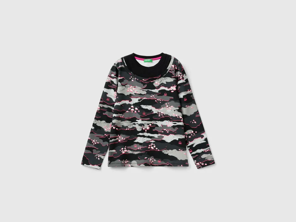 Benetton Camouflage Maglietta Manica Lunga Cotone Elasticizzato