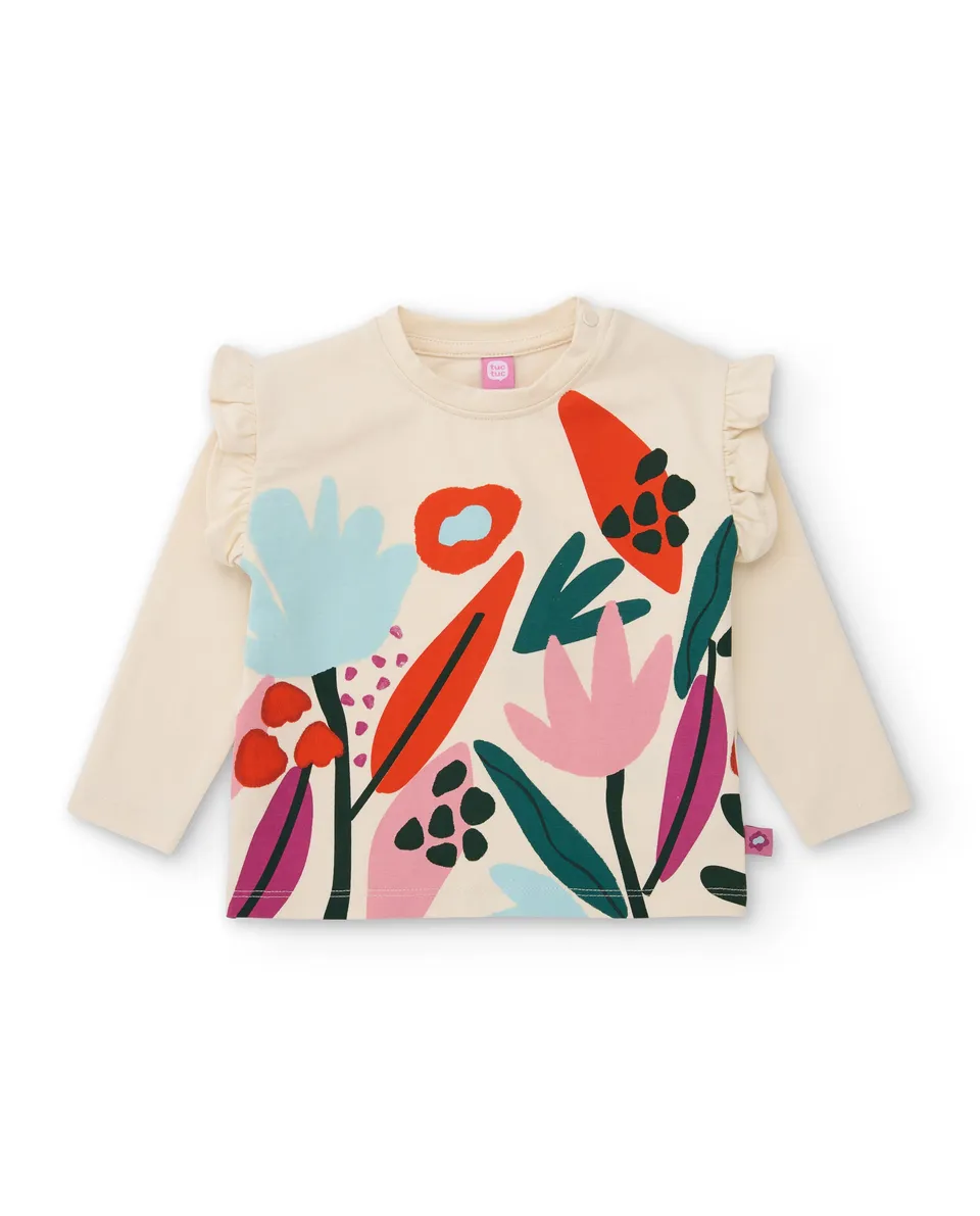 TucTuc Magliette Maglietta bambina ecrù fiori volant cotone