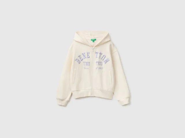 Benetton Felpa Hoodie Zip Cotone con Cappuccio Ricamo