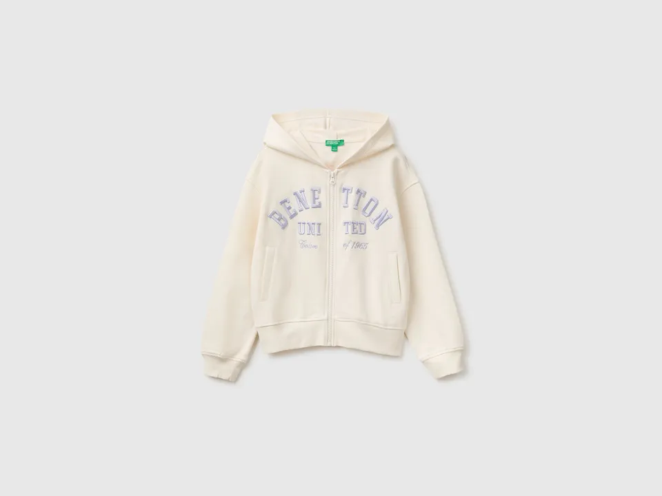 Benetton Felpa Hoodie Zip Cotone con Cappuccio Ricamo
