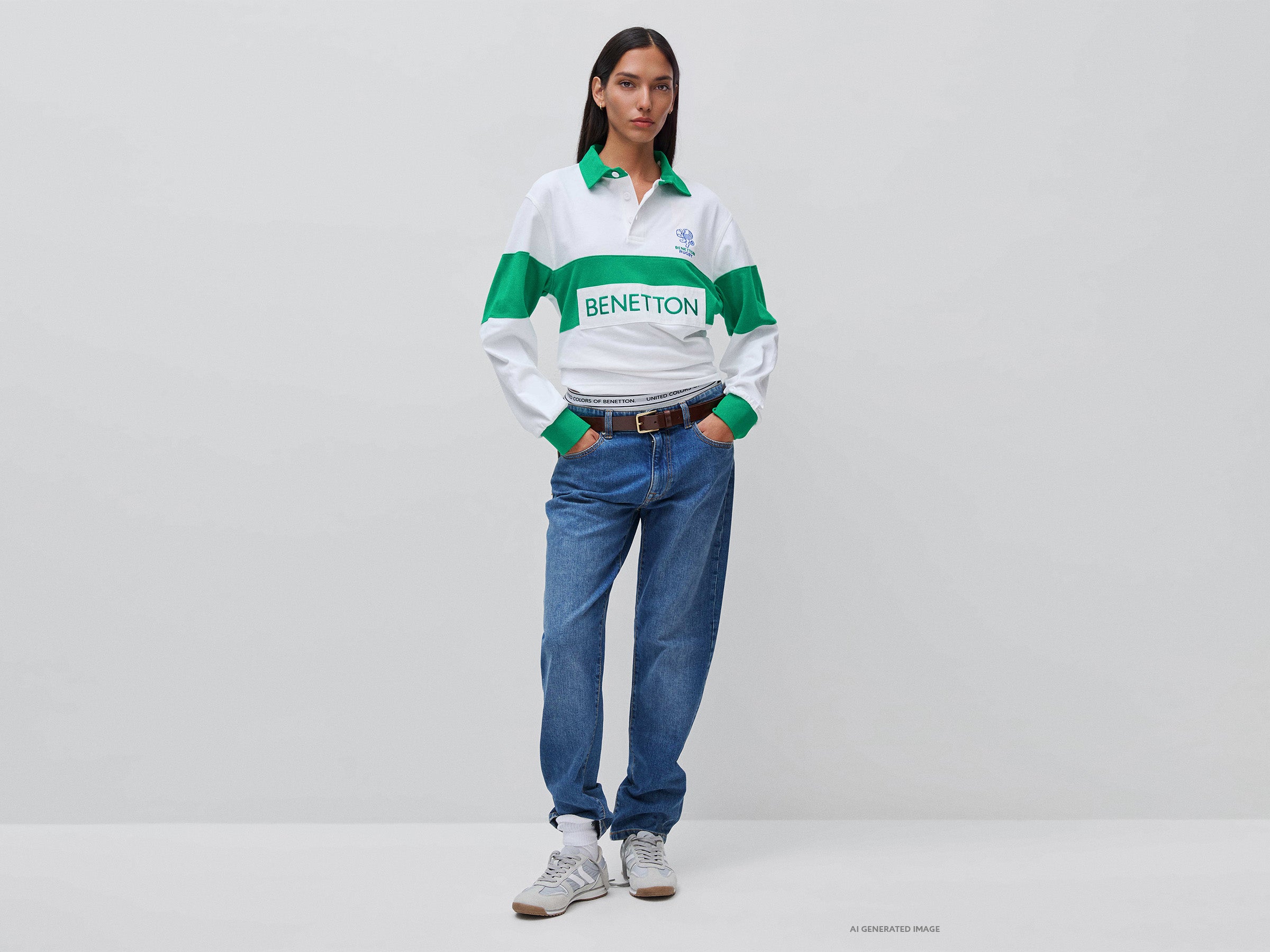 United Colors of Benetton Polo Rugby cotone bianco verde maniche lunghe