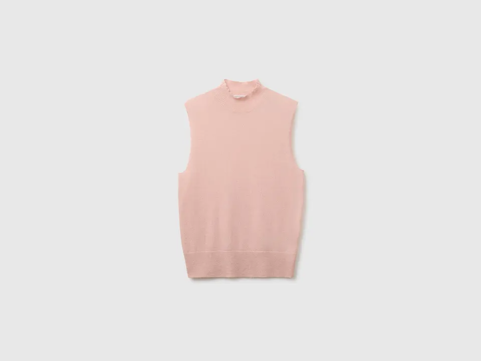Benetton Maglione Smanicato Dolcevita Misto Lana Ultrleggero