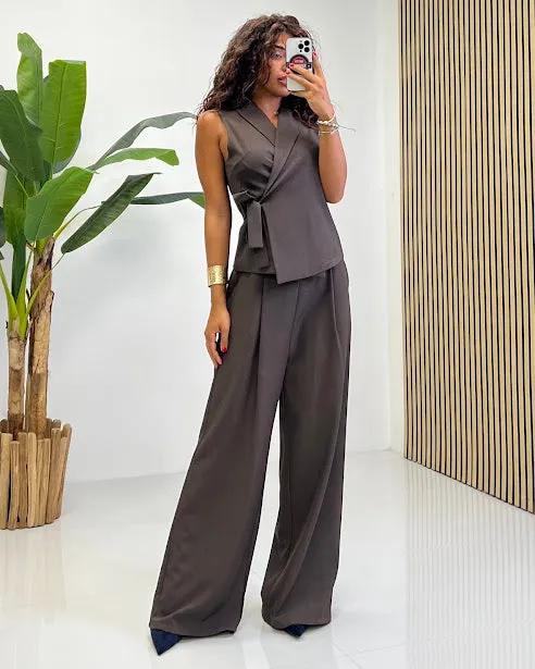 Sottosopra Set Gilet Fiocco Pantalone Palazzo Coordinato Sabbia