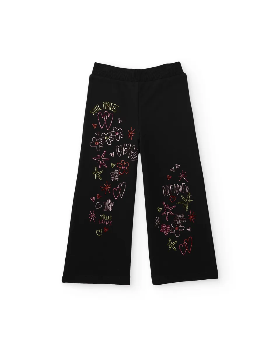 TucTuc Pantaloni Felpa bambina nera gamba larga fiori