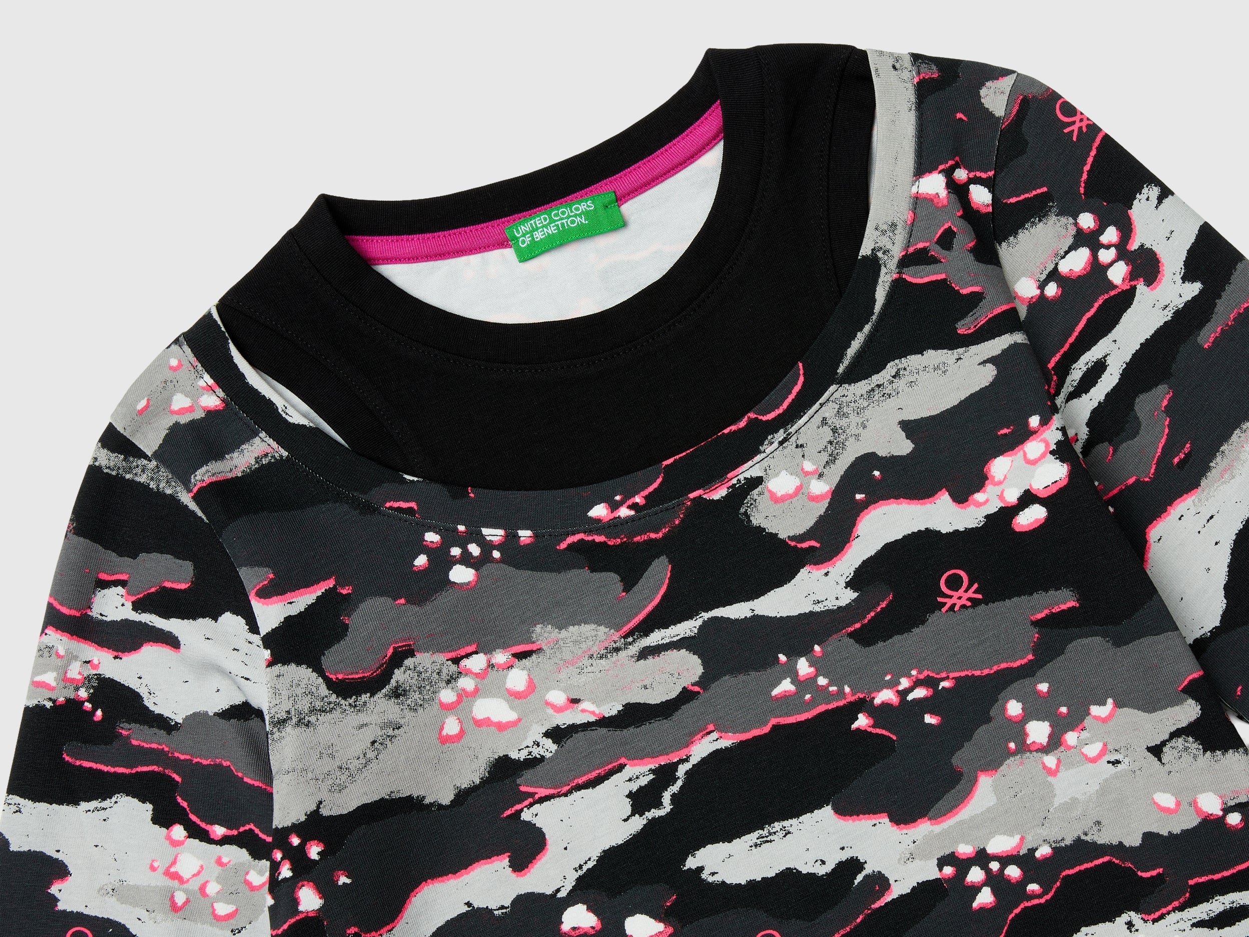 Benetton Camouflage Maglietta Manica Lunga Cotone Elasticizzato
