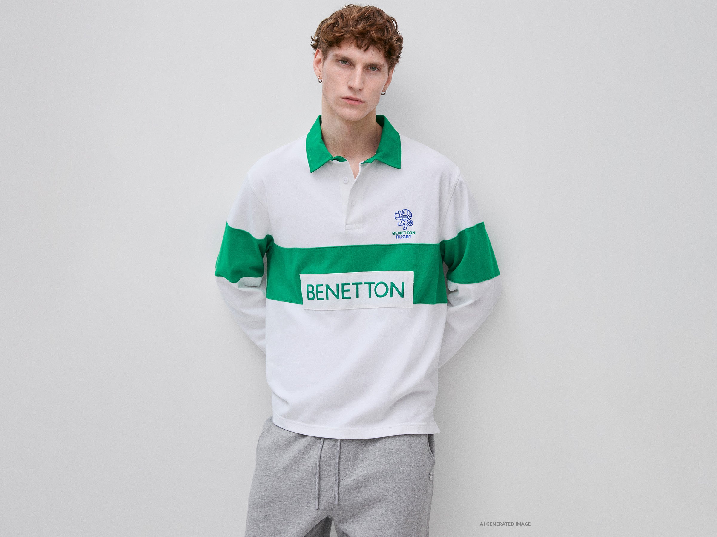 United Colors of Benetton Polo Rugby cotone bianco verde maniche lunghe