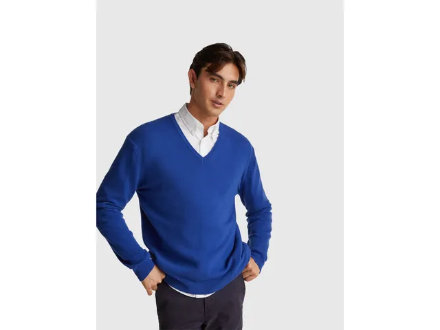 United Colors of Benetton maglione scollo V lana merino blu taglia M