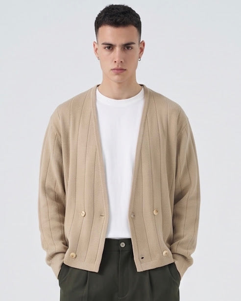 Sottosopra Cardigan a V Trama Rigata Doppio Petto Maglia Marrone M