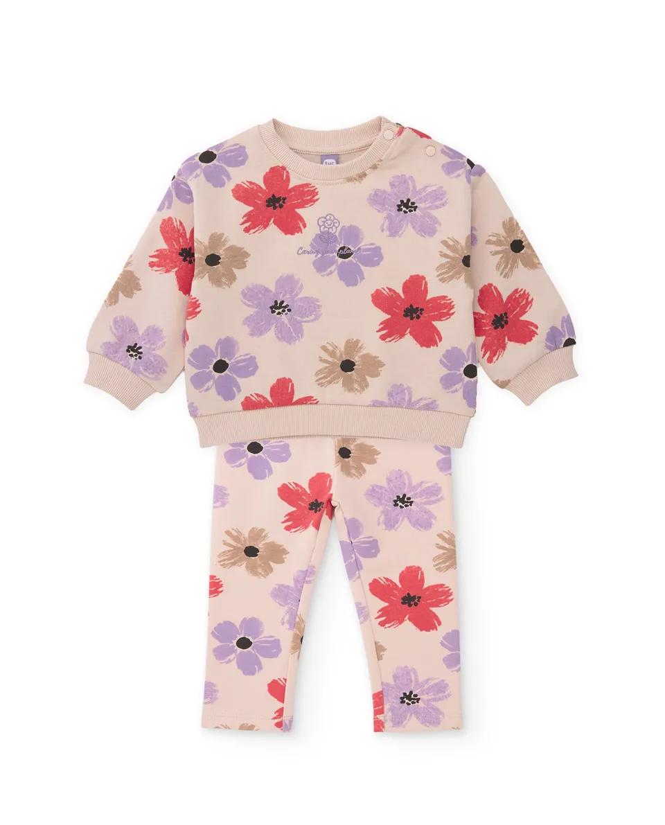TucTuc Completi Tuta Bambina Beige Felpa Floreale 2 Pezzi