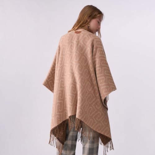 Liu Jo Poncho Monogram Jacquard Cammello Reversibile Frange