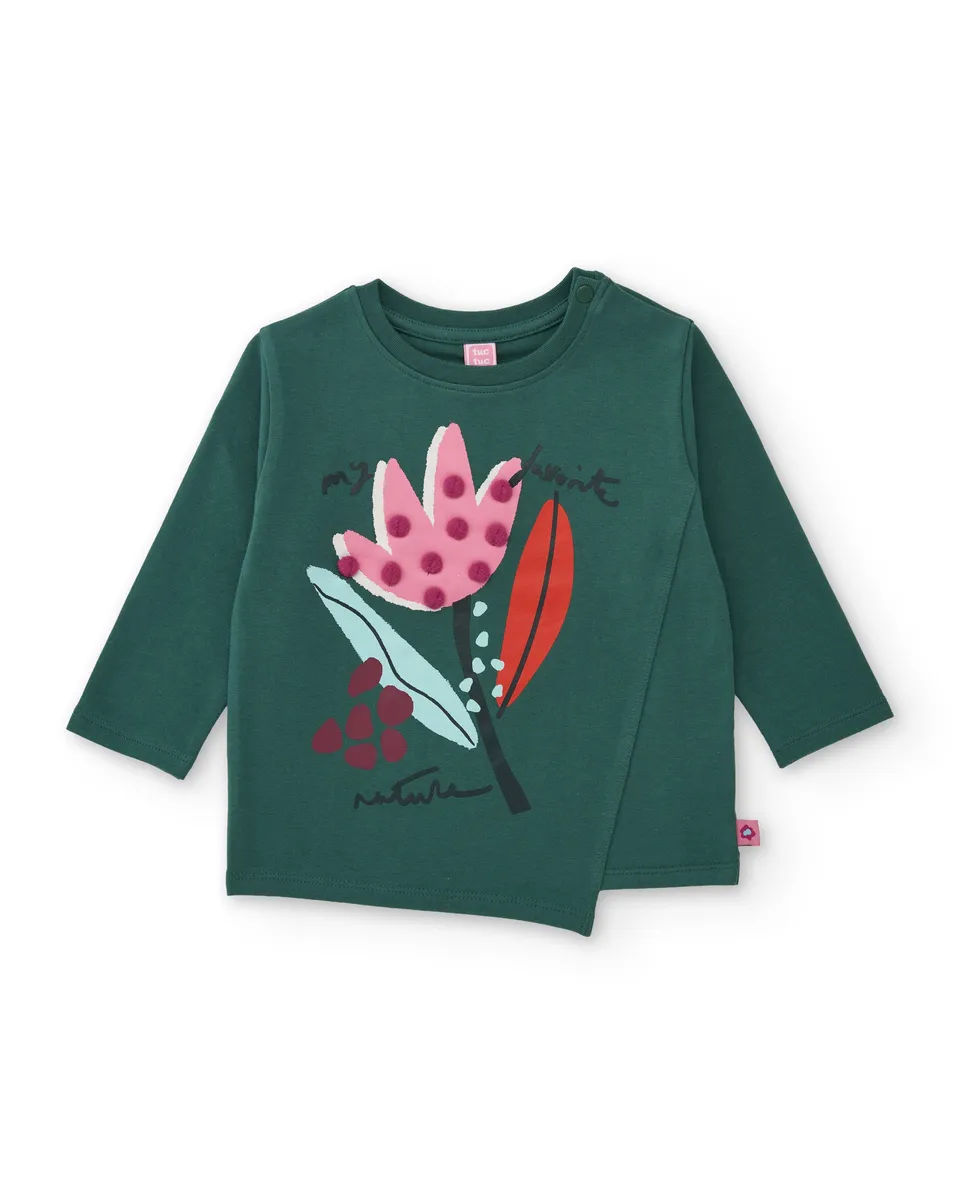TucTuc Magliette Maglietta bambina verde fiori pon pon