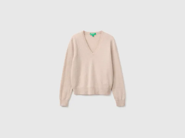 United Colors of Benetton Maglione Beige Lana Merino Scollo V Taglia S