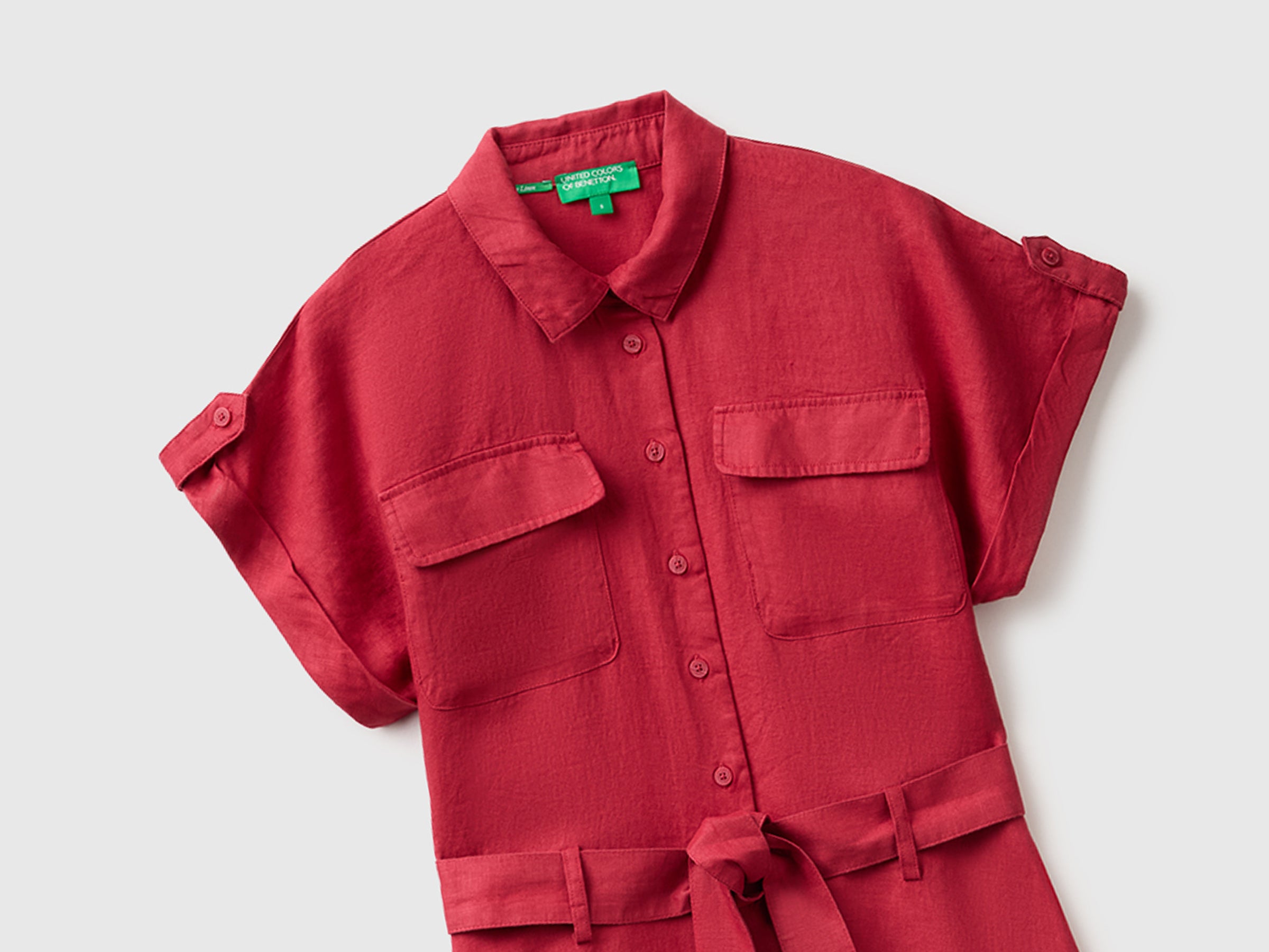 Benetton Vestito Chemisier Midi Puro Lino con Cintura