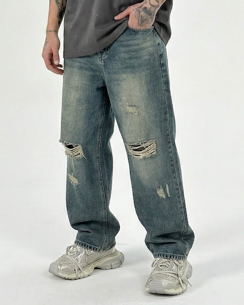 Sottosopra Jeans Baggy Fit Sabbiato Strappi Denim Taglia 48