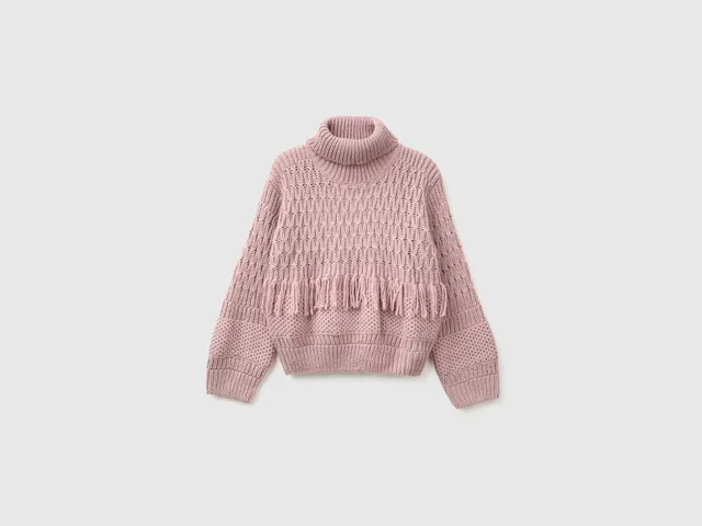 Benetton Fringed maglione lana collo alto con frange