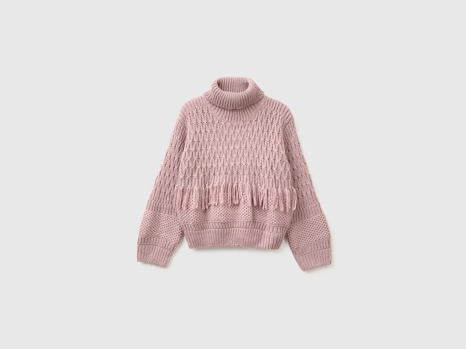 Benetton Fringed maglione lana collo alto con frange