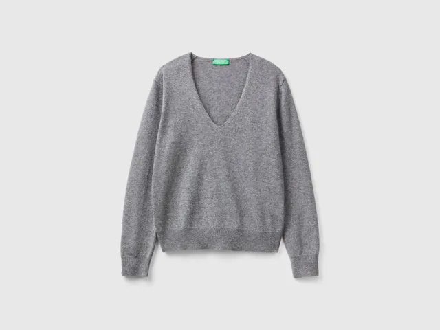 United Colors of Benetton Maglione Scollo V Lana Merino Grigio