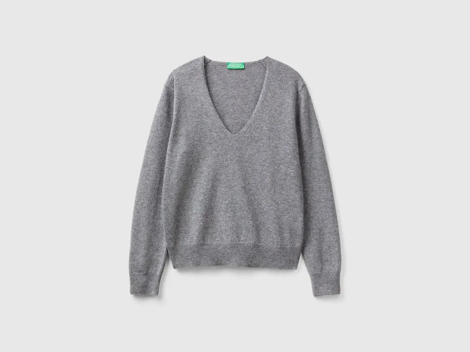 United Colors of Benetton Maglione Scollo V Lana Merino Grigio