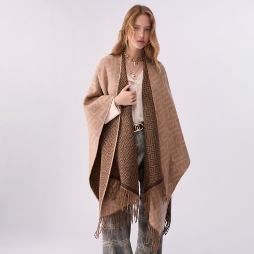 Liu Jo Poncho Monogram Jacquard Cammello Reversibile Frange