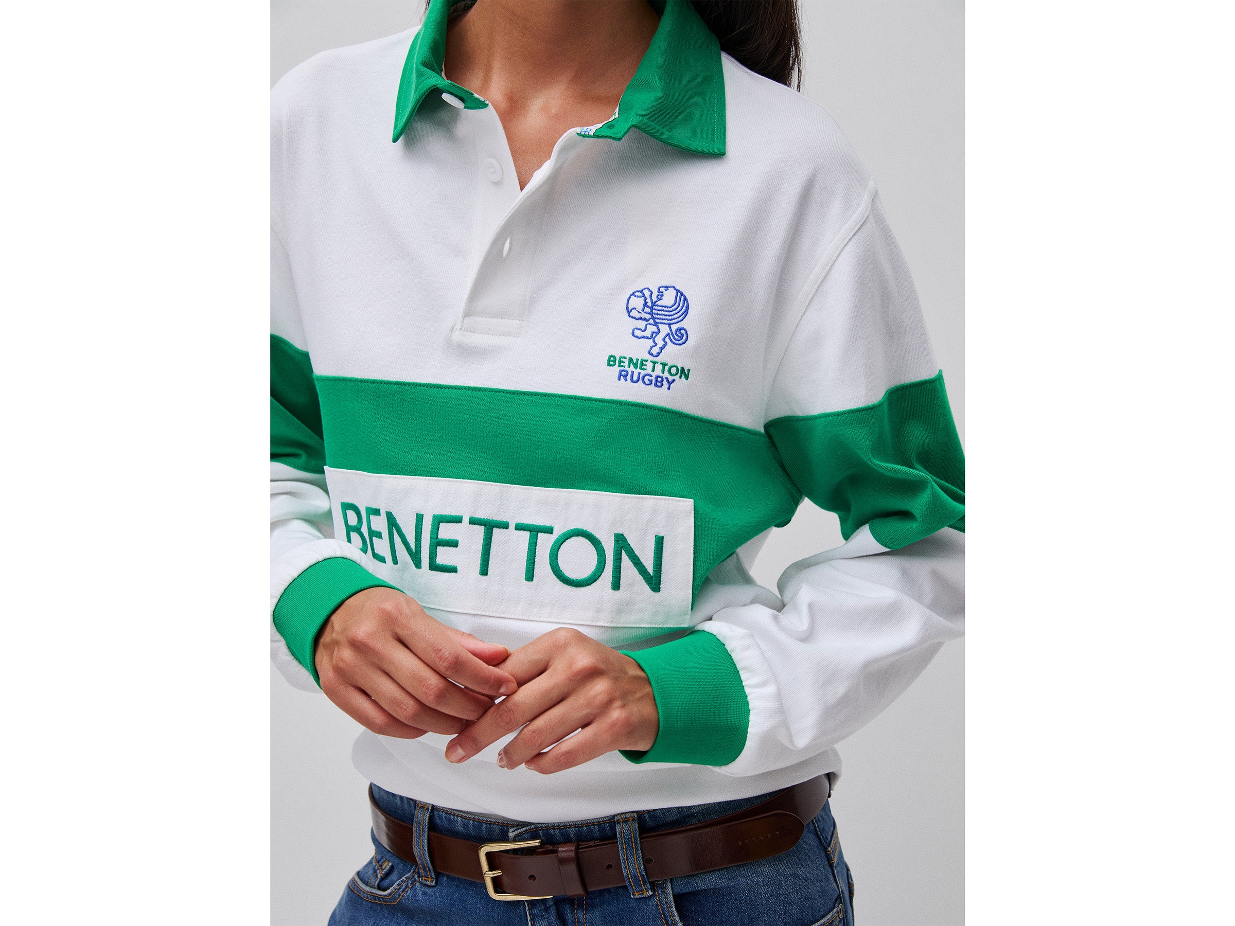 United Colors of Benetton Polo Rugby cotone bianco verde maniche lunghe