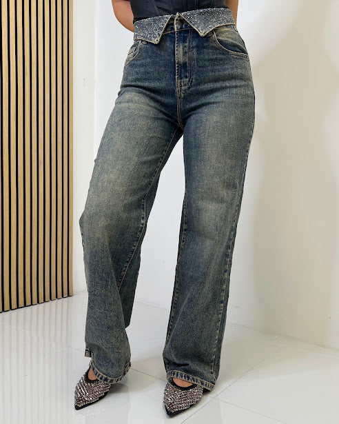 Sottosopra JEJF26 jeans sabbiato strass vita alta