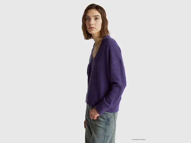United Colors of Benetton maglione lana scollo V donna