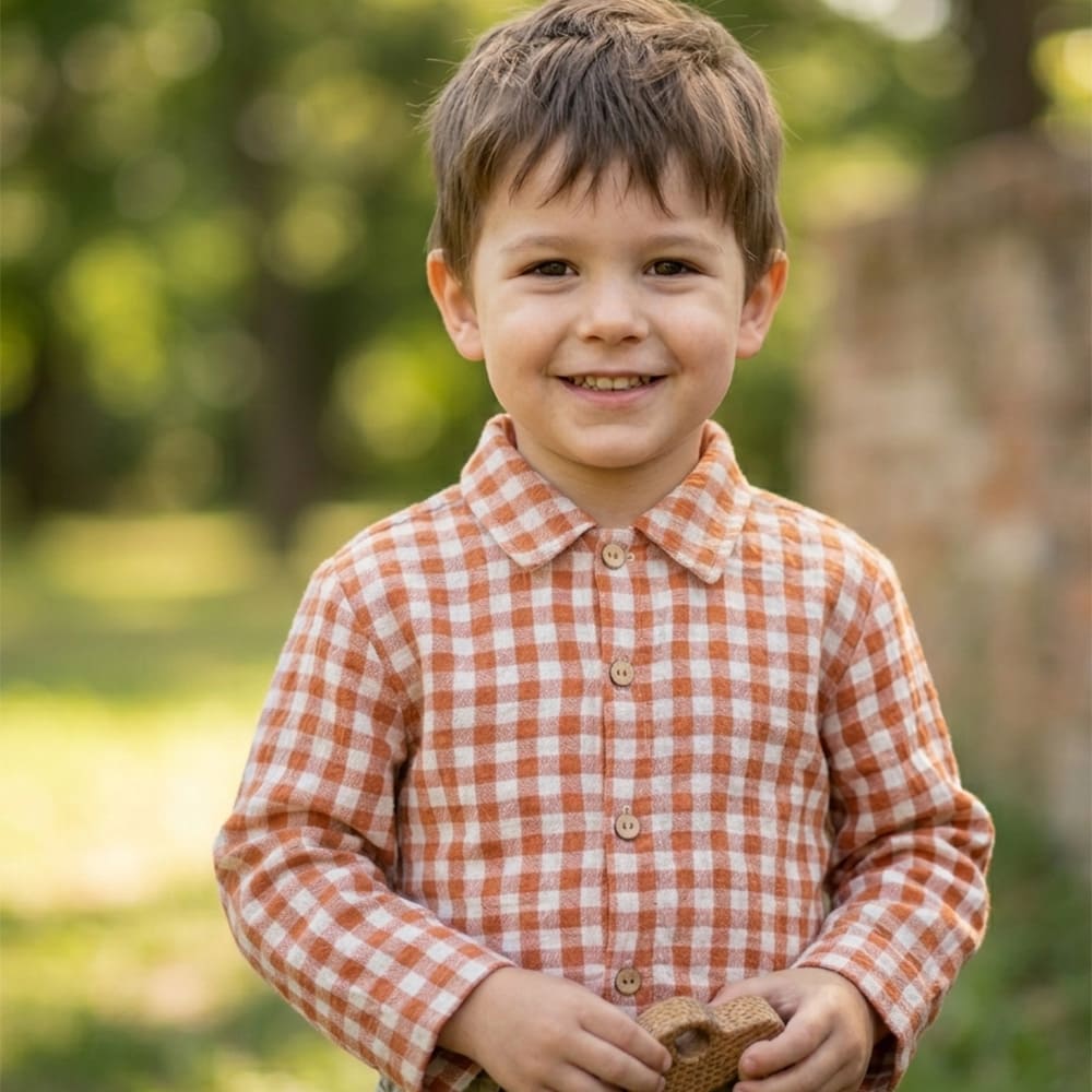 Petite Citrouille Gaspard camicia neonato quadri terracotta cotone
