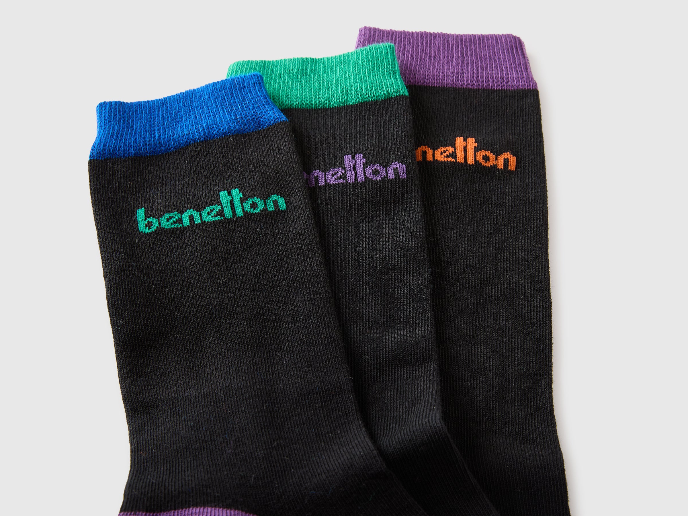 United Colors of Benetton Calzini Cotone Neri 3 Paia Inserti Colorati