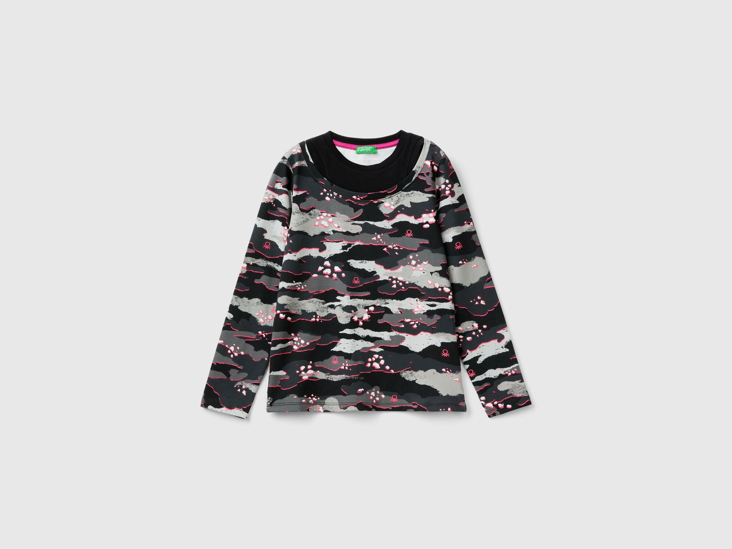 Benetton Camouflage Maglietta Manica Lunga Cotone Elasticizzato
