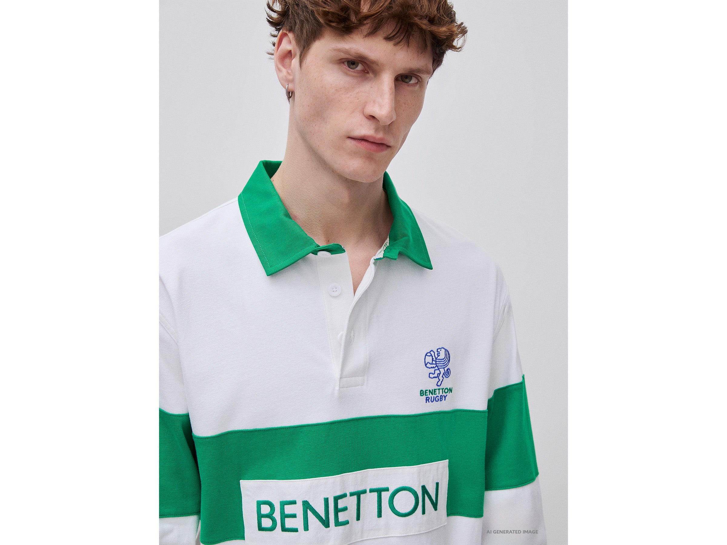 United Colors of Benetton Polo Rugby cotone bianco verde maniche lunghe