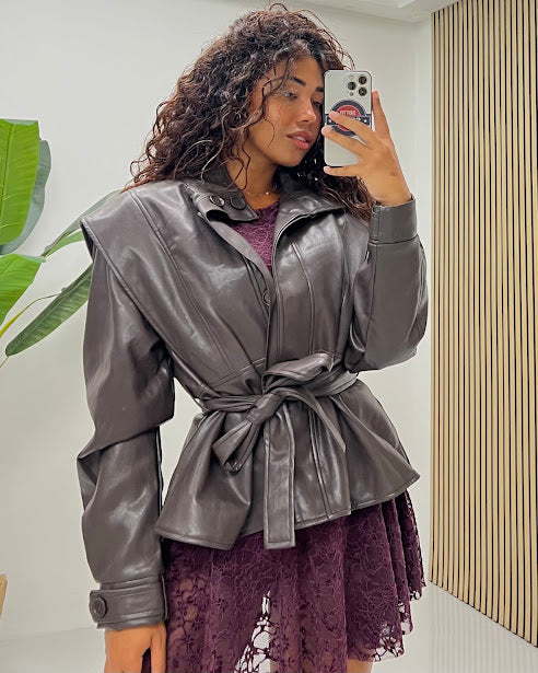Sottosopra je2933 giacca donna nero ecopelle con cintura