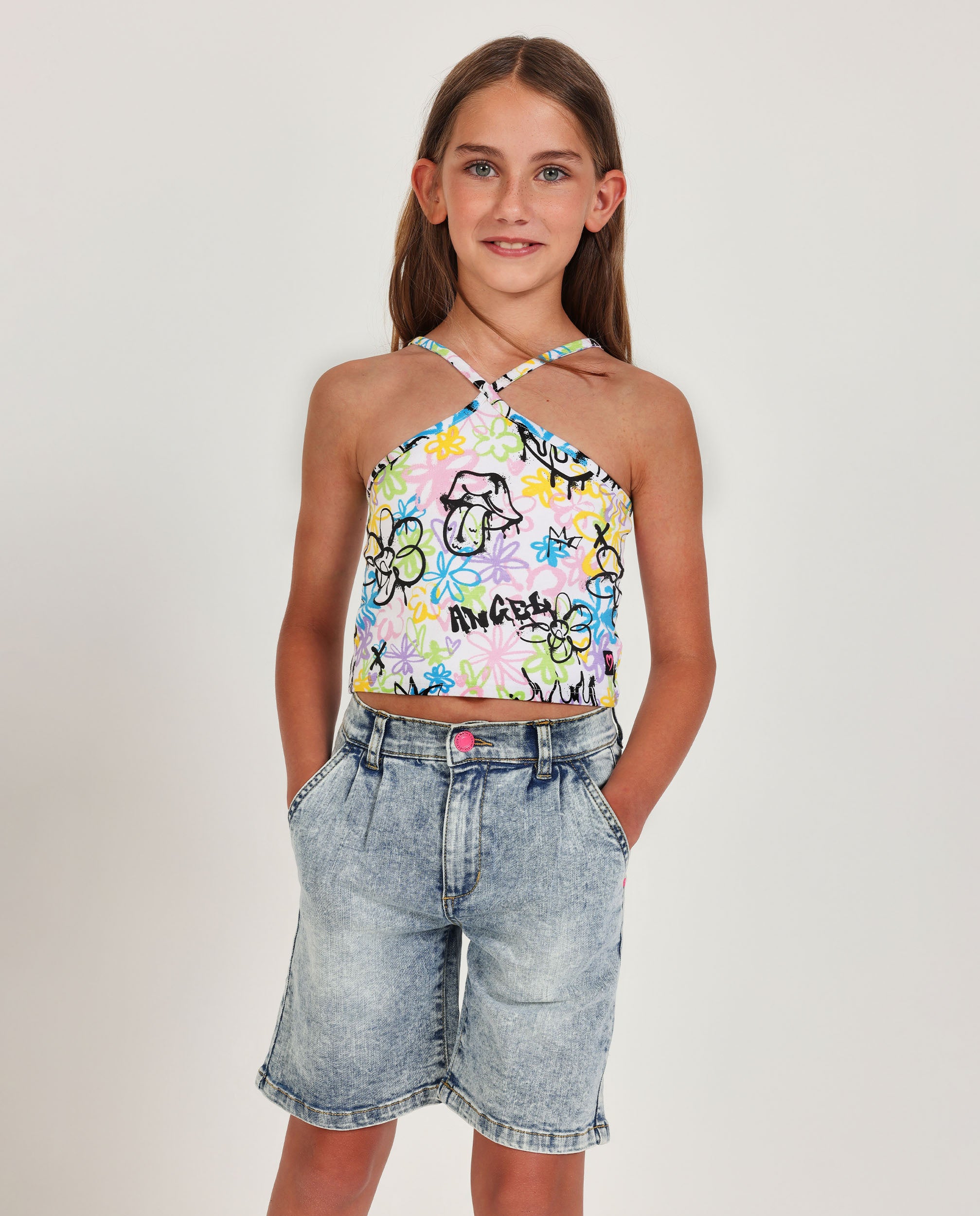 TucTuc Magliette top bambina bianco graffiti spalline incrociate