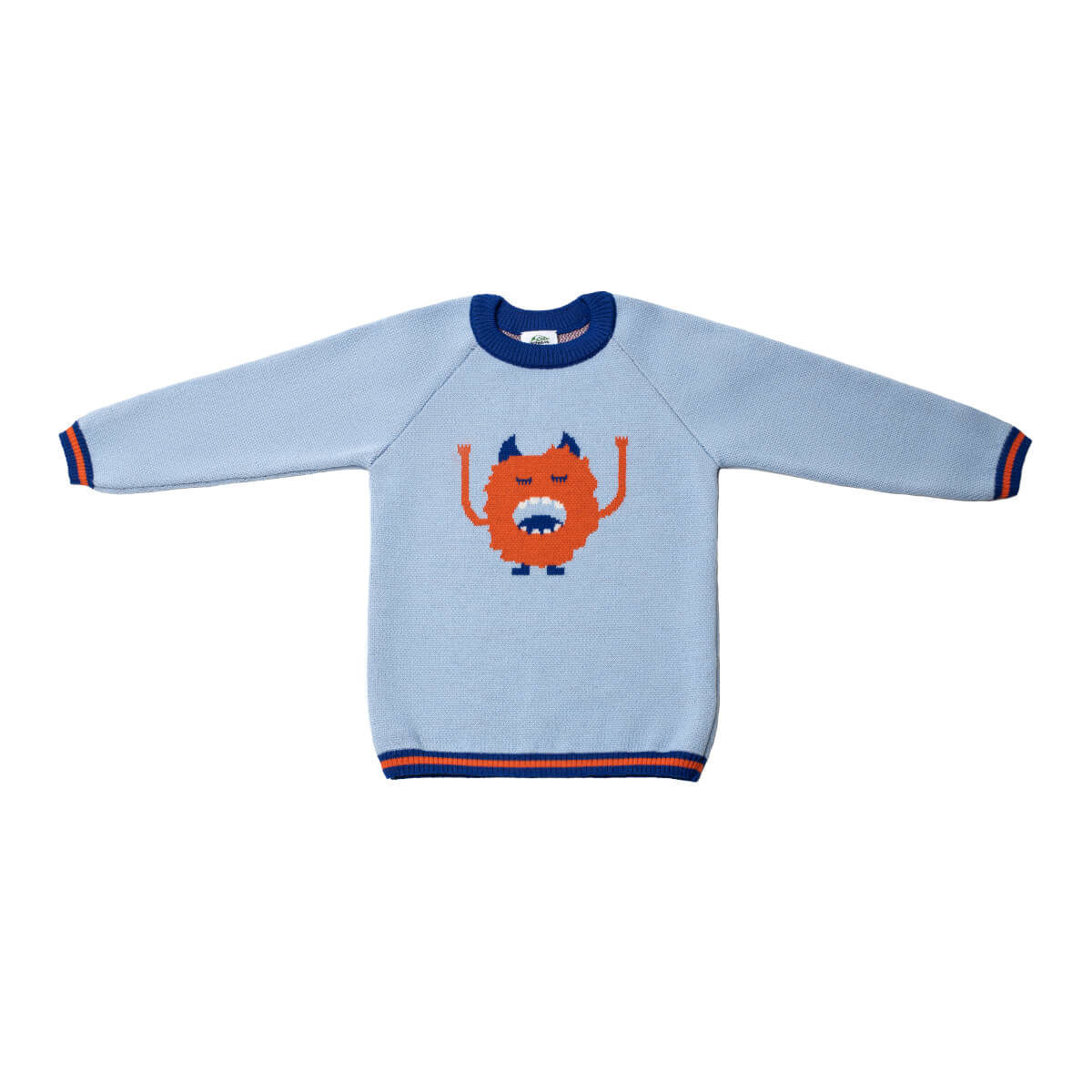Pamboo Merino Maglione lana bambino blu mostro arancione