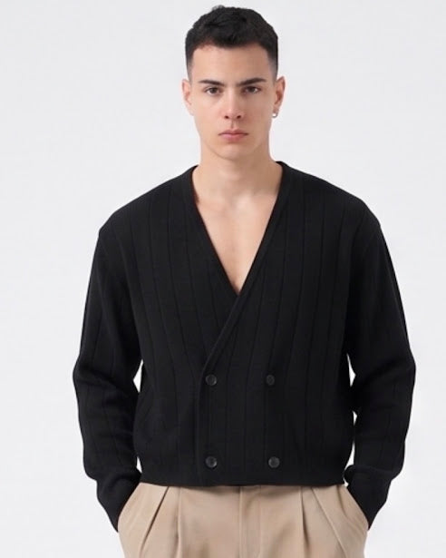 Sottosopra Cardigan a V Trama Rigata Doppio Petto Maglia Marrone M