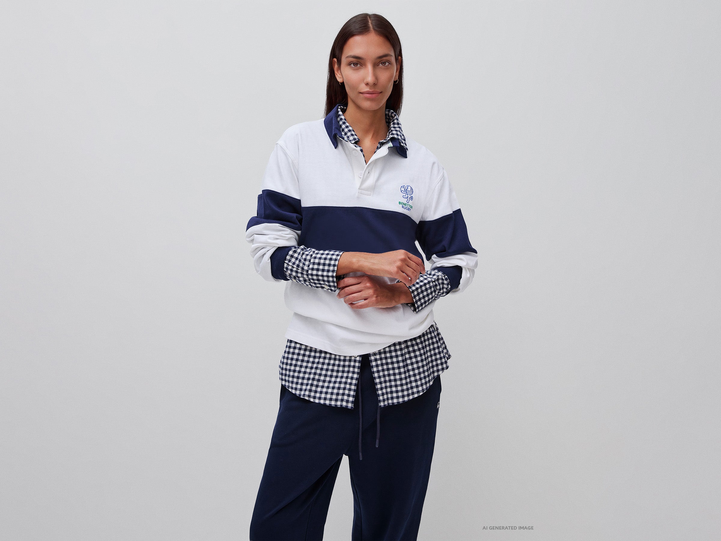 United Colors of Benetton Rugby Polo Manica Lunga Cotone Bianco Blu