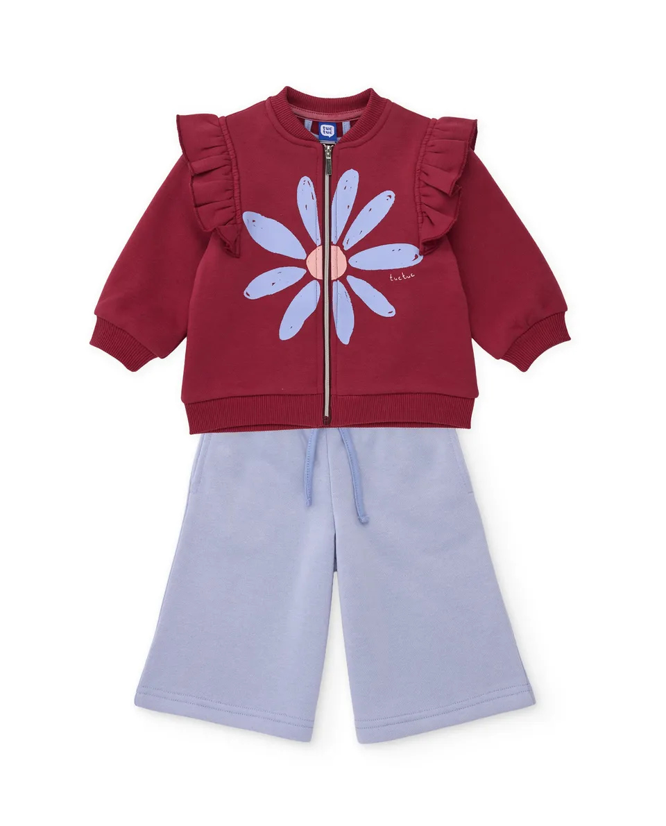 TucTuc Completi tuta felpa bordeaux fiori volant bimba