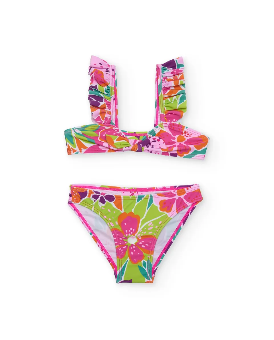 TucTuc Bikini bambina rosa in maglia con volant fiori