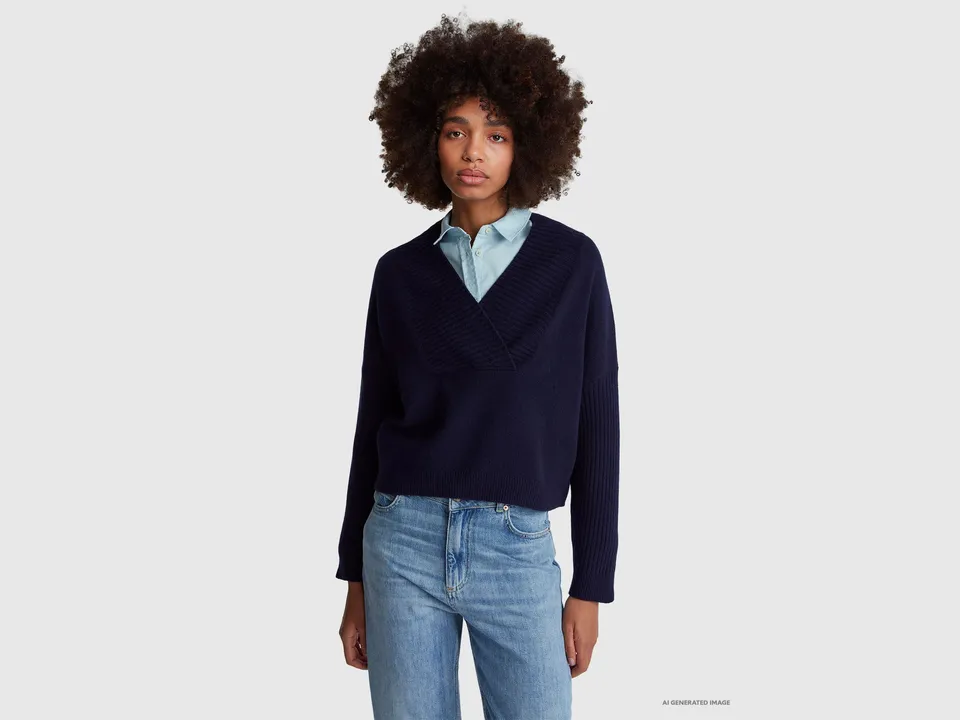 Benetton Boxy Fit V-Neck maglione lana scollo a V taglia M