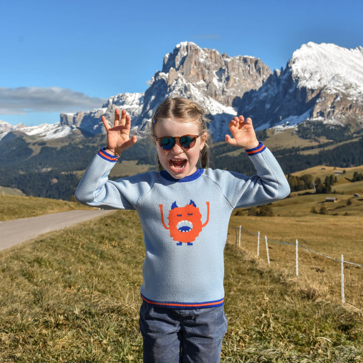 Pamboo Merino Maglione lana bambino blu mostro arancione