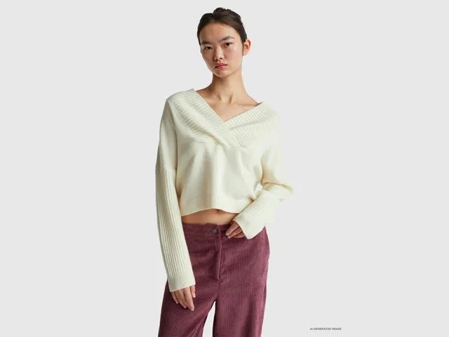 Benetton Maglione Scollo a V Misto Lana Taglia S