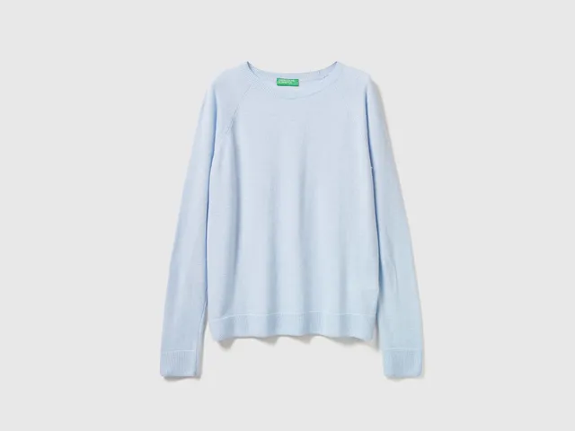 Benetton Maglione girocollo azzurro lana e cashmere XXS