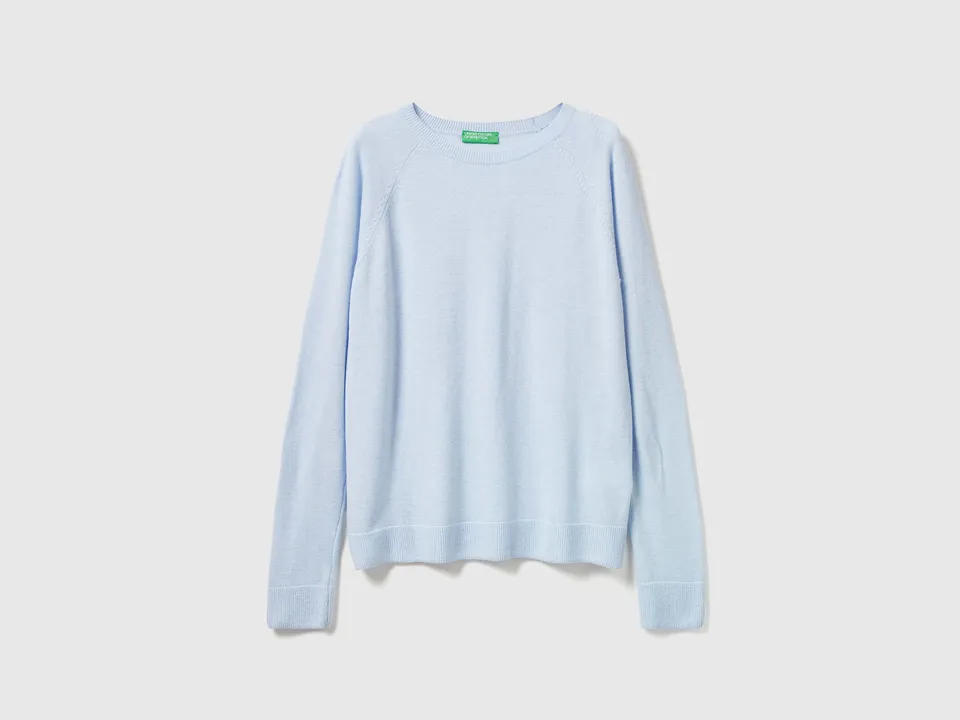 Benetton Maglione girocollo azzurro lana e cashmere XXS
