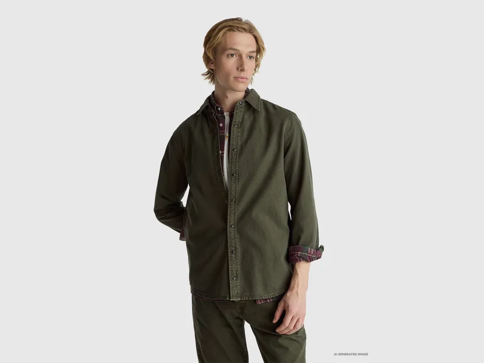 United Colors of Benetton Camicia Slim 100% Cotone Manica Lunga