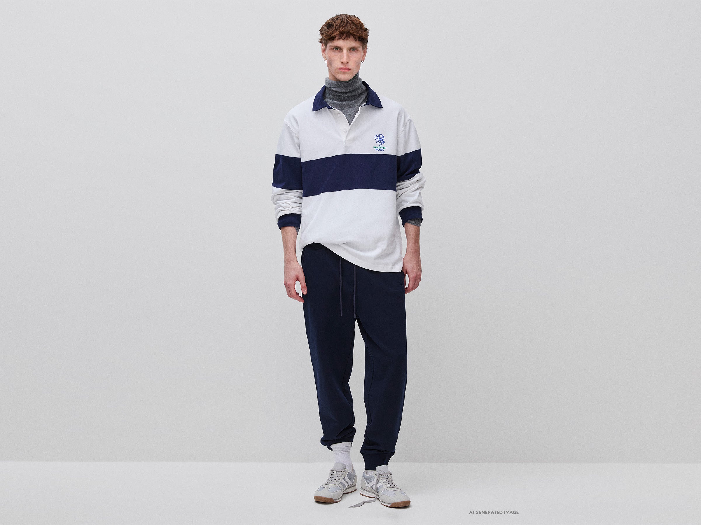 United Colors of Benetton Rugby Polo Manica Lunga Cotone Bianco Blu