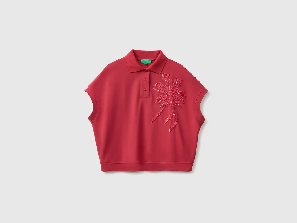 United Colors of Benetton polo smanicata cotone ricamo fiore