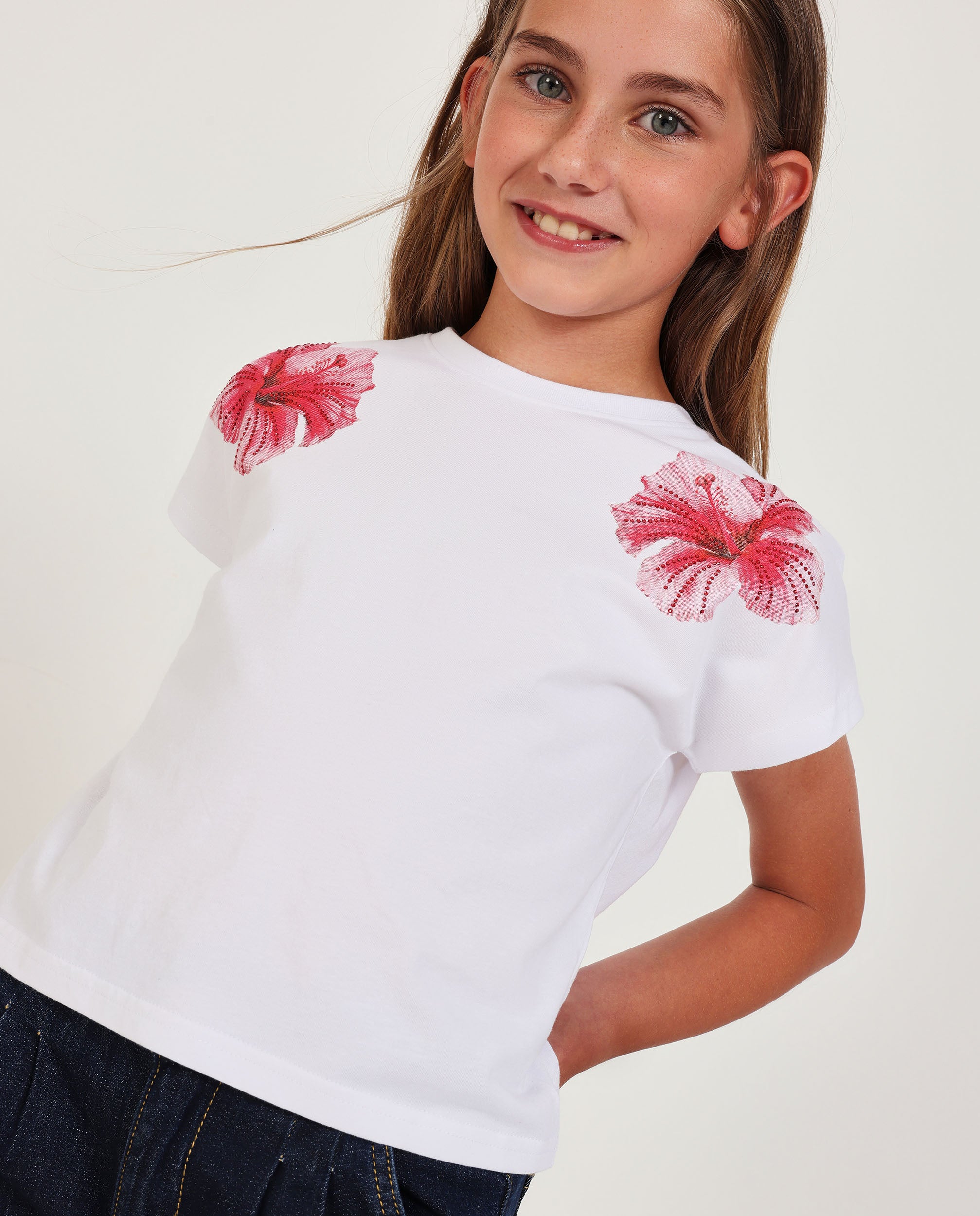 TucTuc Magliette T-Shirt Bambina Bianca Fiori Rosa Cotone