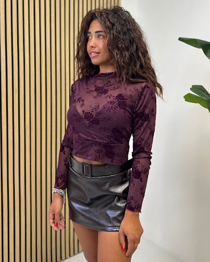 Sottosopra Maglia fi79 crop velo prugna ricami fiori