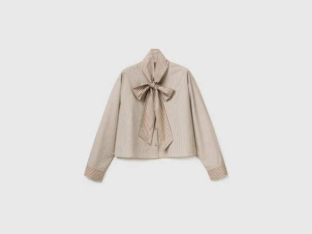 Benetton Camicia Crop Cotone a Righe con Fiocco