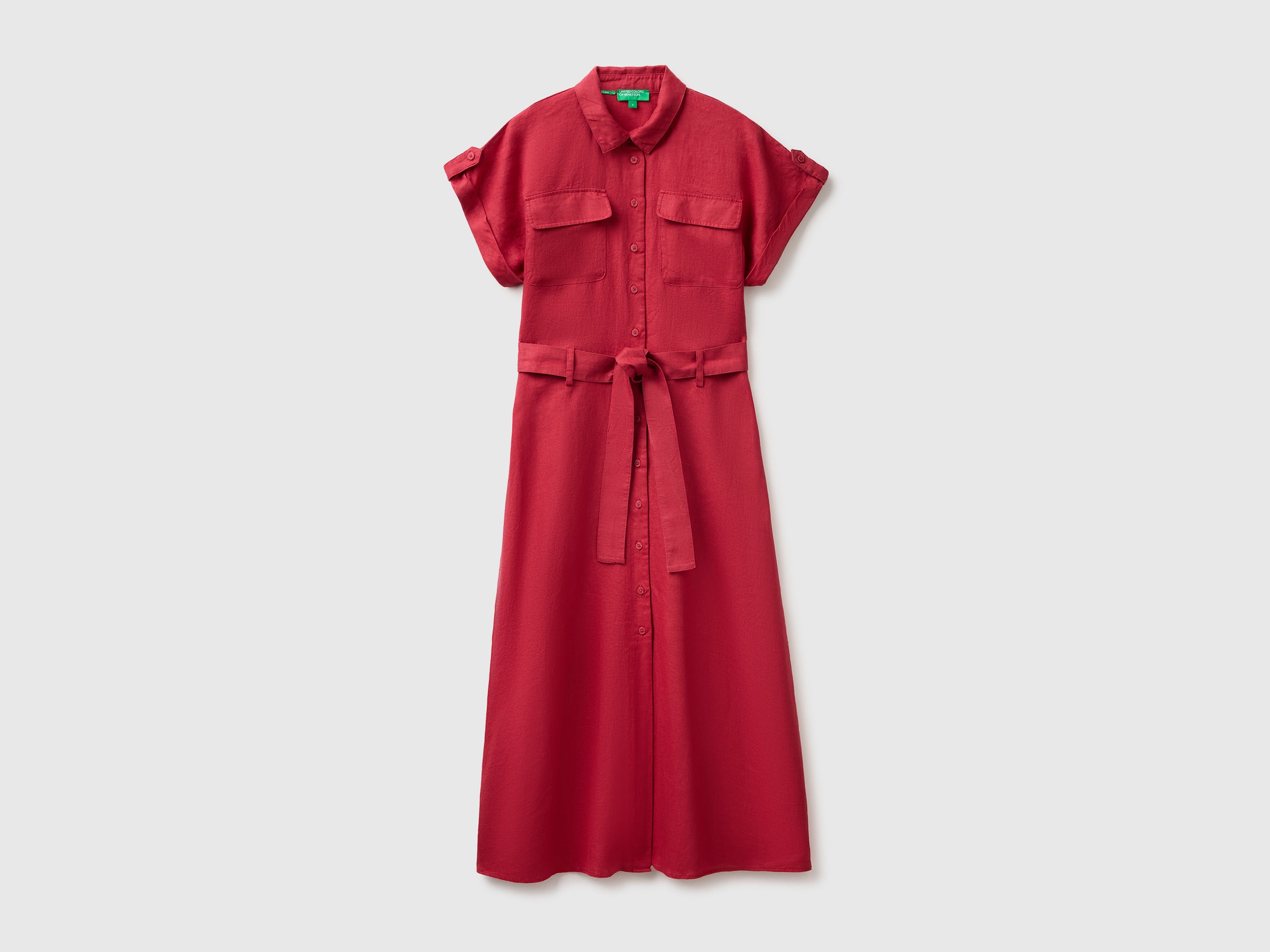 Benetton Vestito Chemisier Midi Puro Lino con Cintura